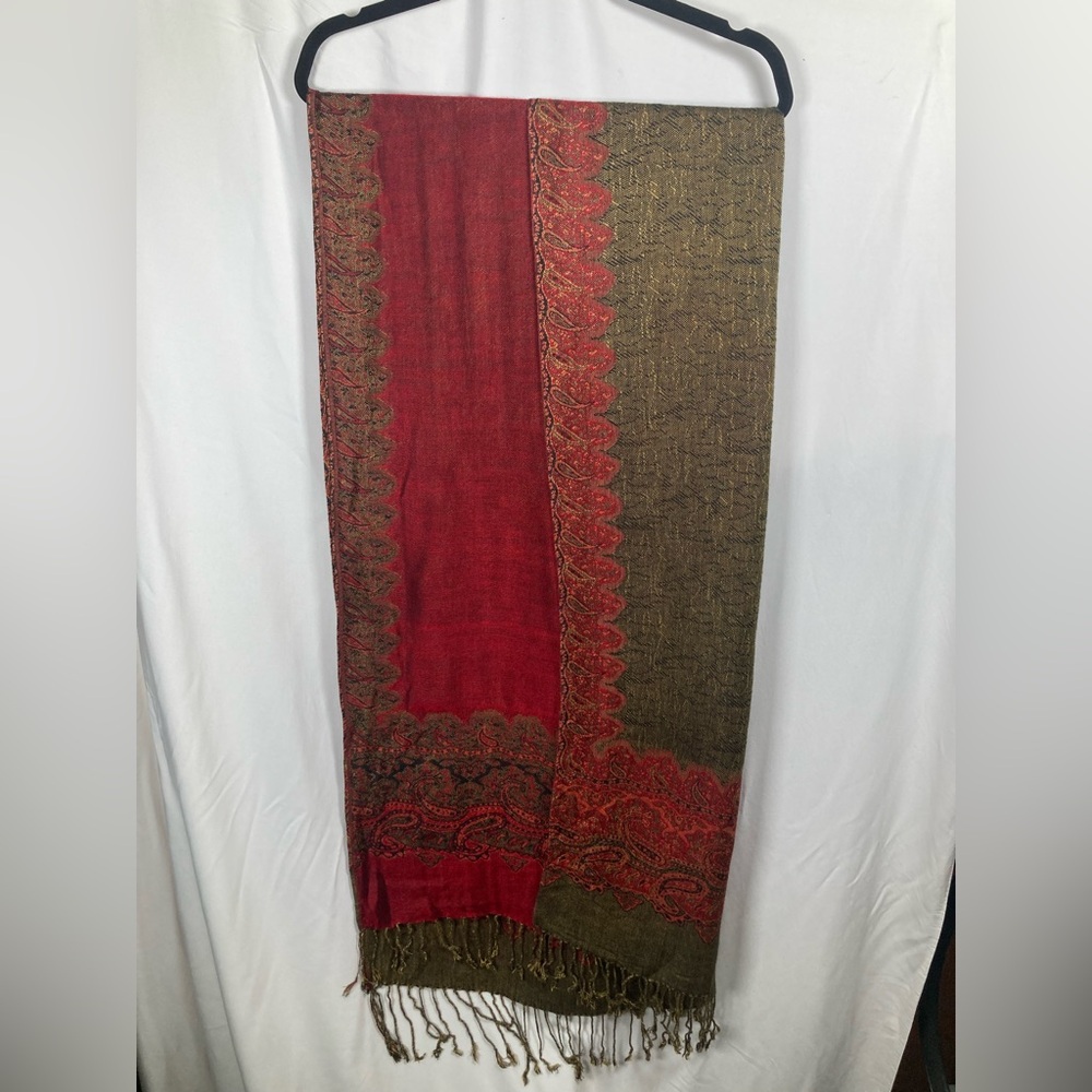 Pashmina Red and Brown Paisley Scarf 100% Pashmina - Picture 5 of 10
